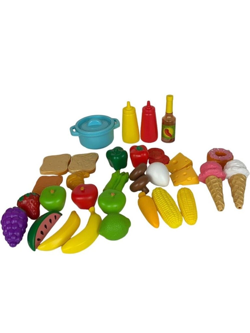 Plastic Play Food Set 35 Pieces Fruits Vegetables Cheese Bread Desserts Kitchen